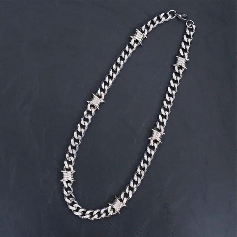 Unique Cuban Link Chain Thorns Choker Necklace Punk Gothic Heavy Thick Barbed Wire Stainless Steel Unisex 50CM