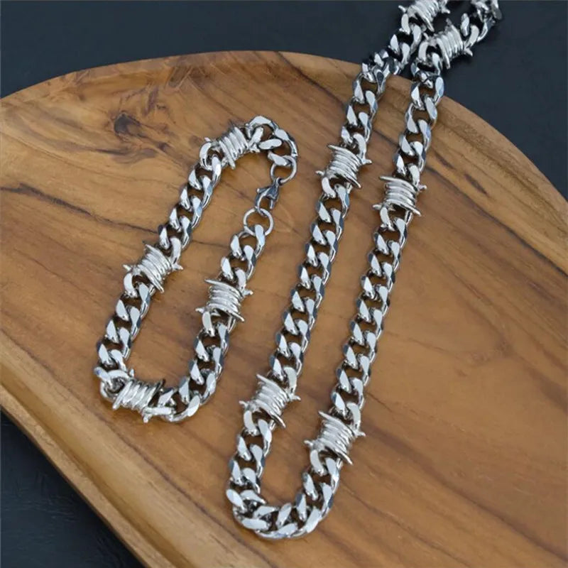 Unique Cuban Link Chain Thorns Choker Necklace Punk Gothic Heavy Thick Barbed Wire Stainless Steel Unisex 50CM