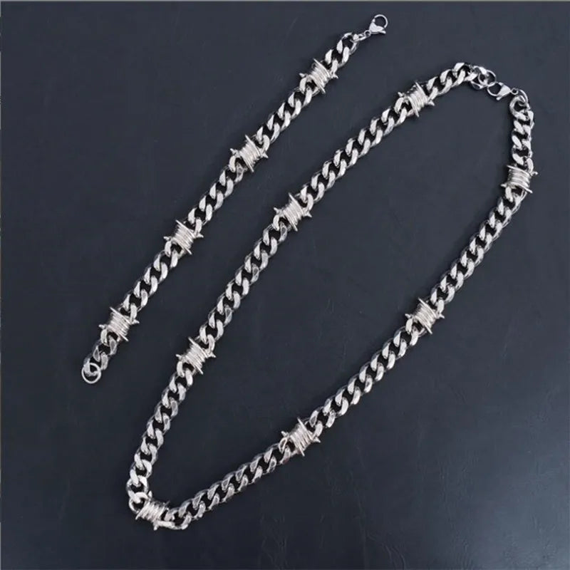 Unique Cuban Link Chain Thorns Choker Necklace Punk Gothic Heavy Thick Barbed Wire Stainless Steel Unisex 50CM