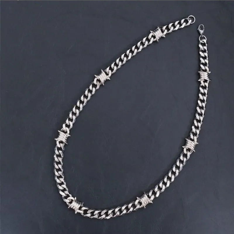 Unique Cuban Link Chain Thorns Choker Necklace Punk Gothic Heavy Thick Barbed Wire Stainless Steel Unisex 50CM