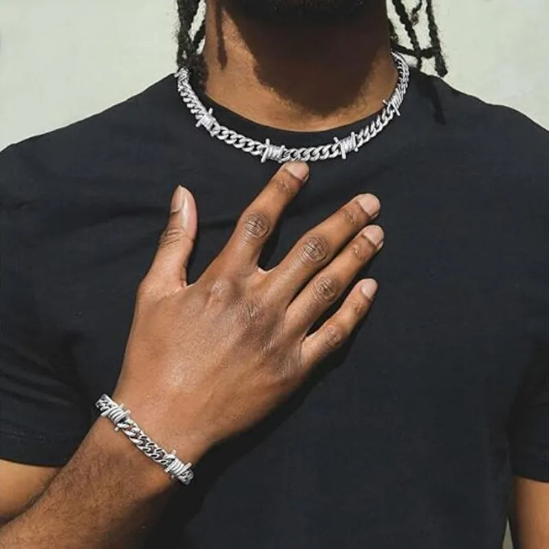 Unique Cuban Link Chain Thorns Choker Necklace Punk Gothic Heavy Thick Barbed Wire Stainless Steel Unisex 50CM