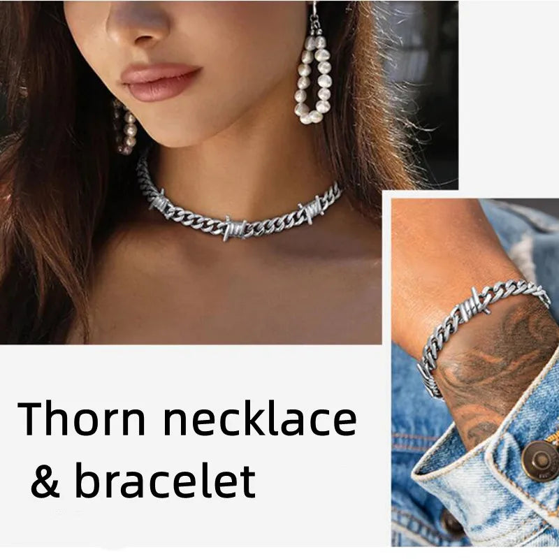 Unique Cuban Link Chain Thorns Choker Necklace Punk Gothic Heavy Thick Barbed Wire Stainless Steel Unisex 50CM